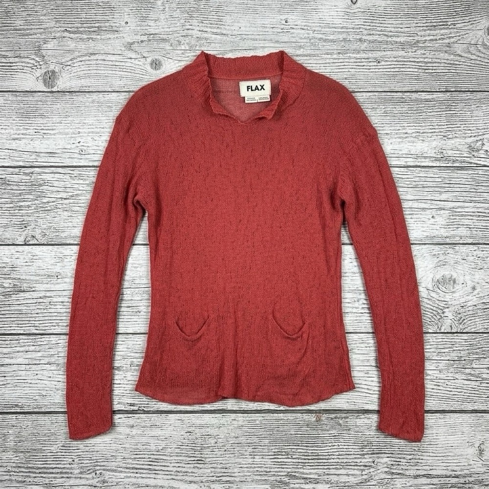 Flax 100% Viscose Pullover Knit Top Blouse Mesh Orange Lagenlook Pockets S/M